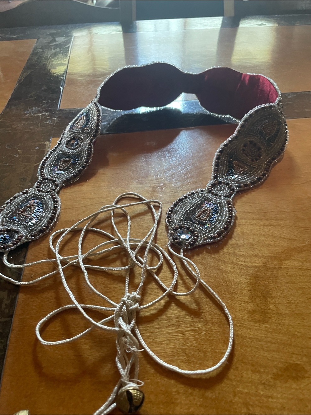 Made in India Beaded Tie belt in Silver Blue, and Burgundy lining.